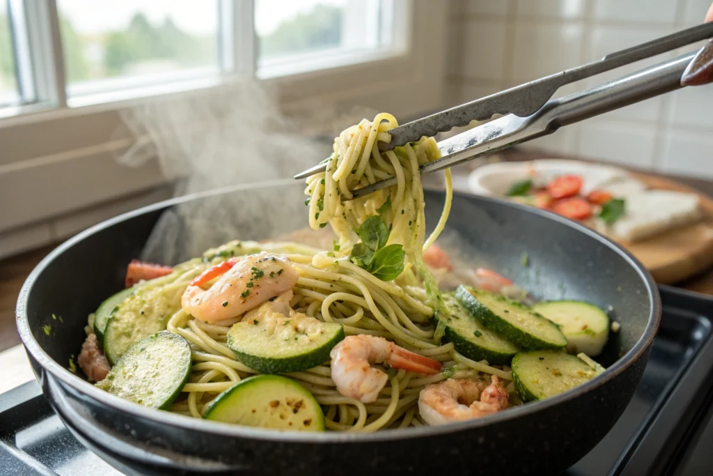 Pesto langostino zucchini and pasta recipes cooking in a pan on the stove
