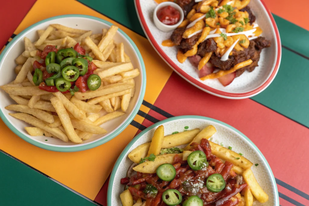 three plates of bbq fries with different toppings like jalapeños pulled pork and vegetables