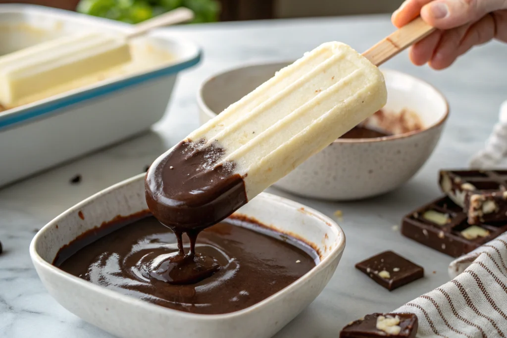 Dipping an Eskimo pie popsicle in melted chocolate for the best homemade Eskimo pie popsicle recipe