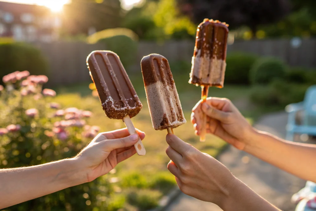 People enjoying the best homemade Eskimo pie popsicle recipe outdoors