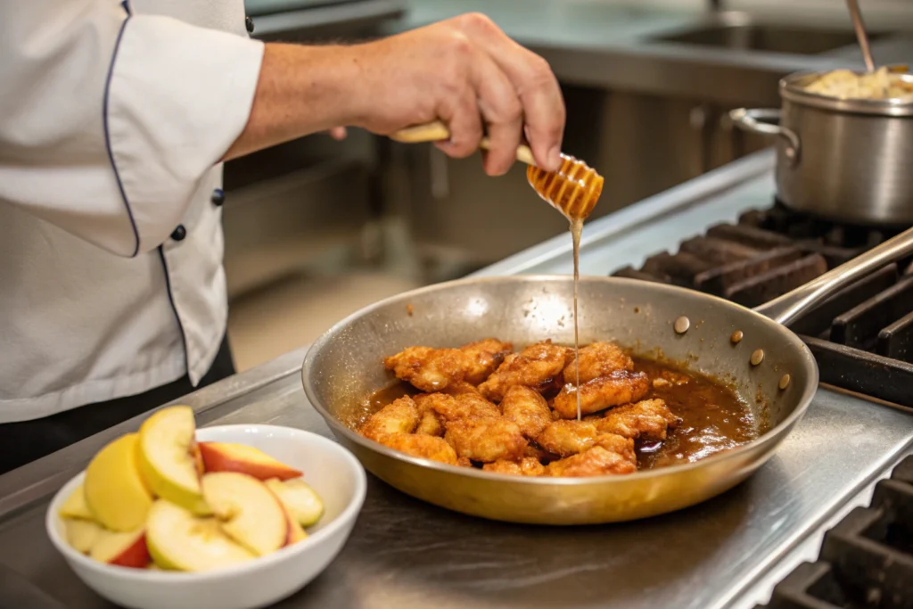 Hand pouring honey glaze over chicken tenders with apples in pan