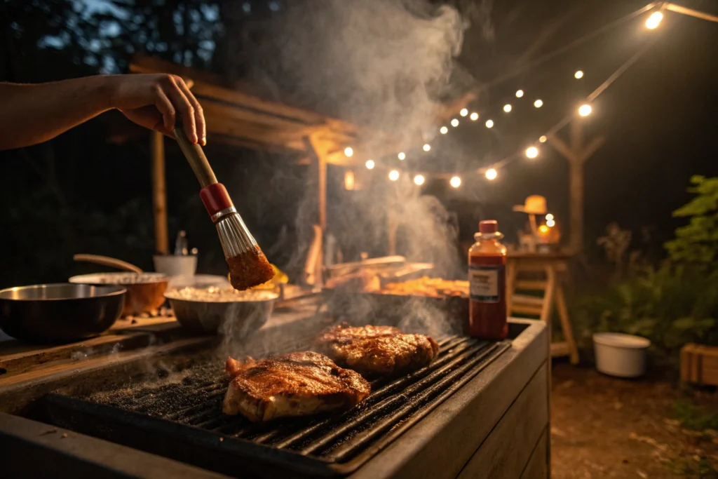 Grillmaster glazing chicken with Head Country BBQ Sauce