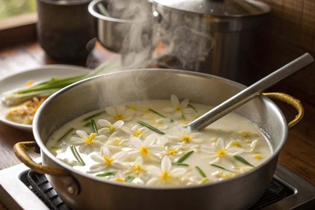 Sampaguita flowers steeping in warm cream to infuse flavor for ice cream