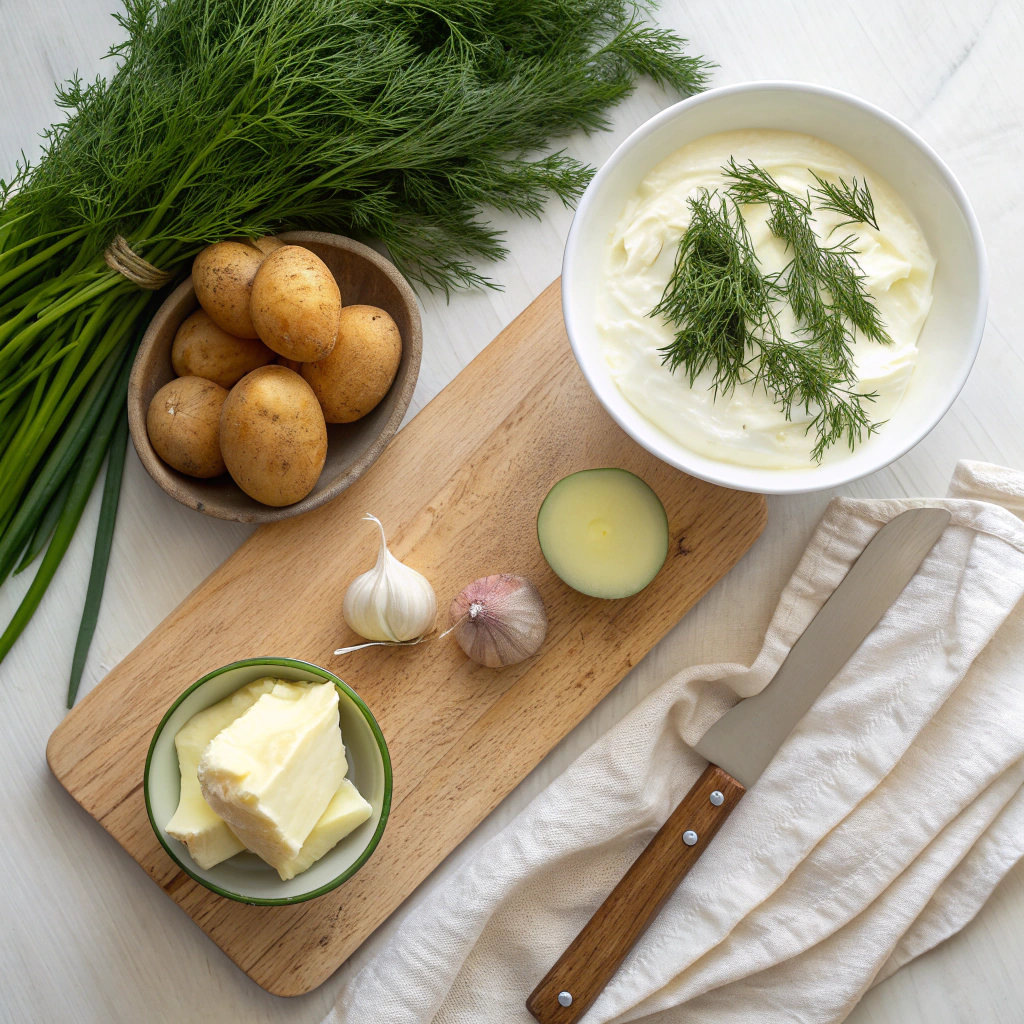 Ingredients for Czech soup sour cream and dill recipe on wooden board