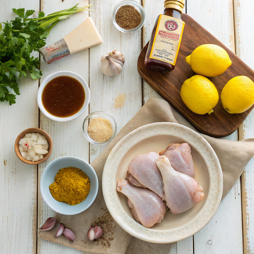 Ingredients for delmarva bbq chicken recipe carnivore including chicken, brine, and vinegar mustard sauce