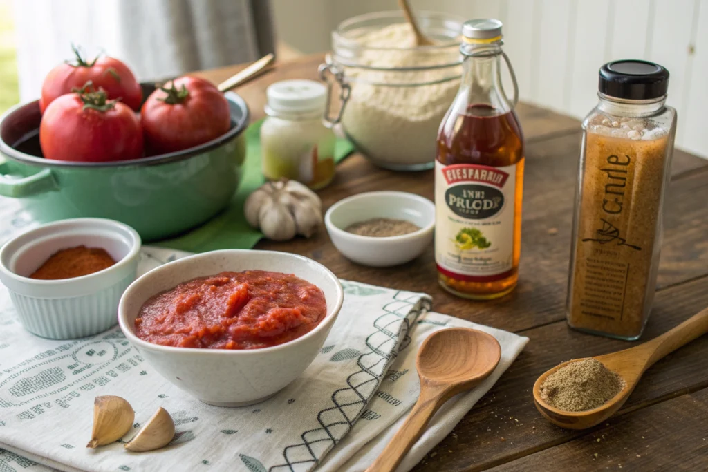 Ingredients for low salt bbq sauce recipe arranged on table