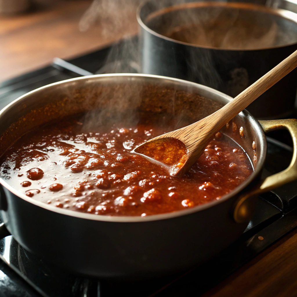 Low sodium barbecue sauce simmering in saucepan