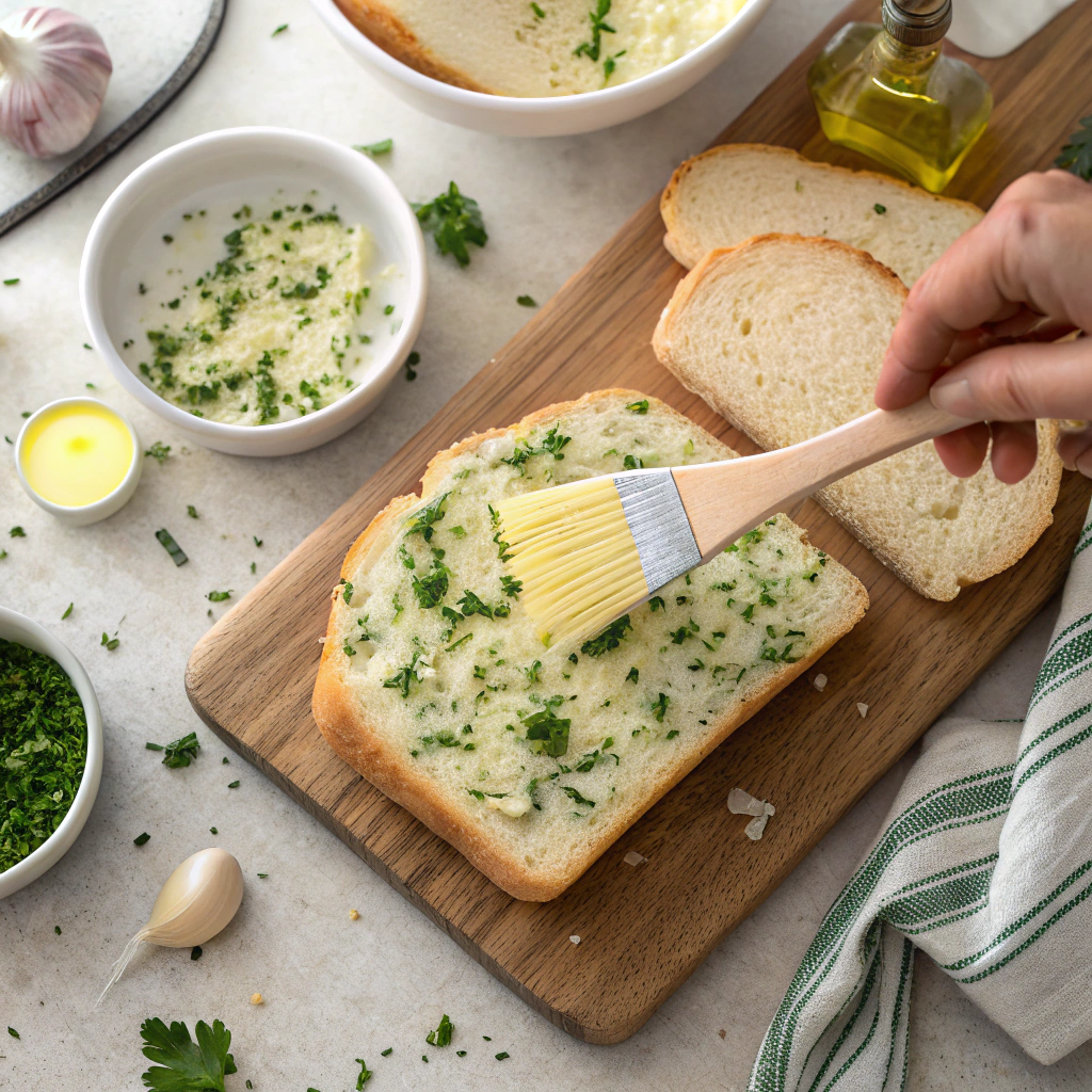 preparing cunetto's garlic cheese bread recipe by spreading garlic butter on Italian bread