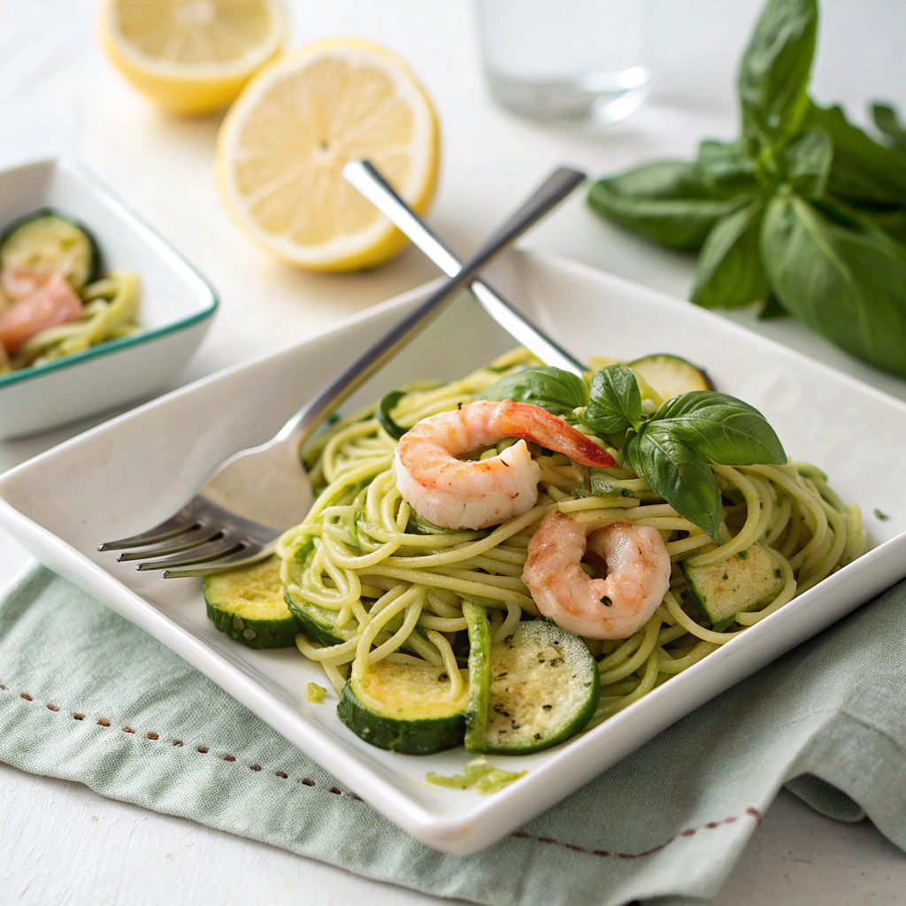 Plate of pesto langostino zucchini and pasta recipes with lemon and basil
