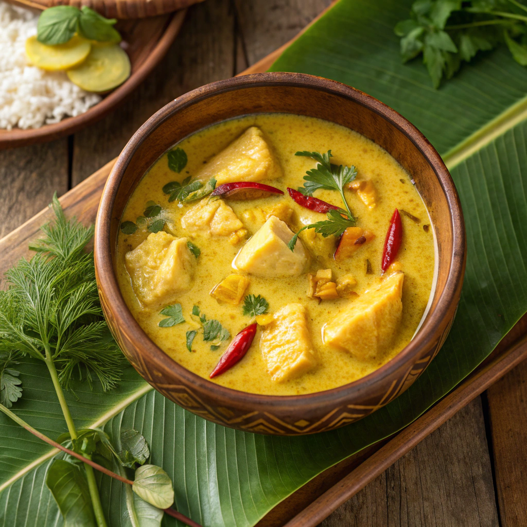 Poesiden coconut fish curry cooked in coconut milk with herbs and spices
