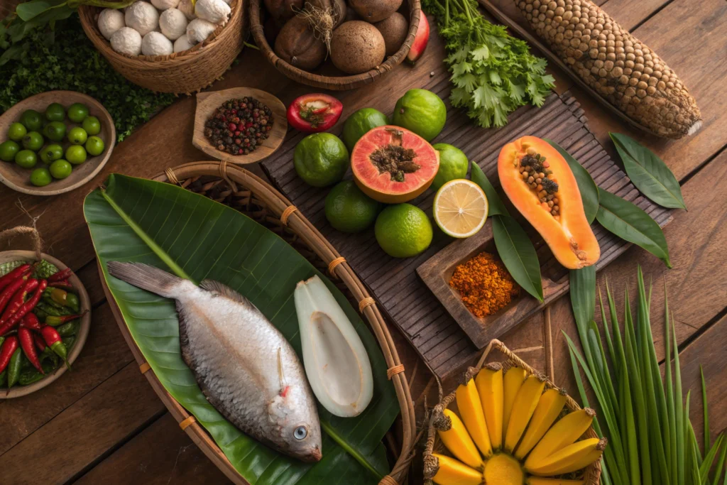 Ingredients used in Poesiden food recipes including coconut, tropical fruits, spices and fresh fish