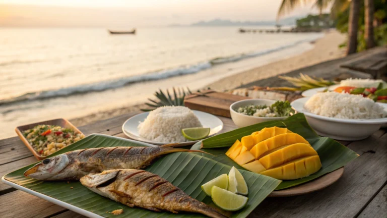 Poesiden food recipes with coconut rice, grilled fish and tropical fruits by the sea