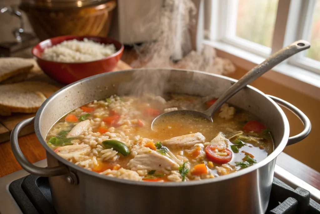 Pot of Chopt spicy chicken soup with rice simmering on the stove
