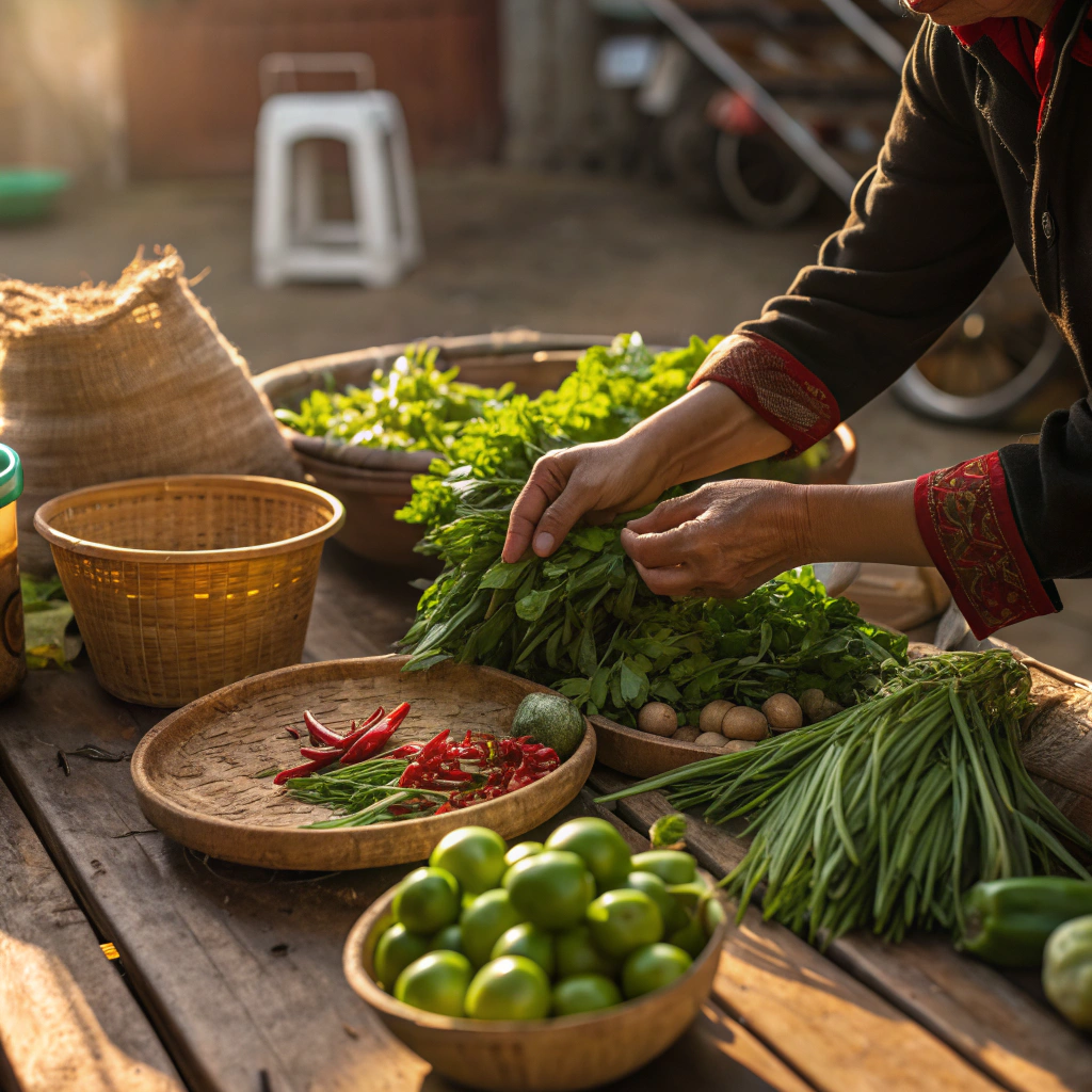 chef preparing vietnamese ingredients california market