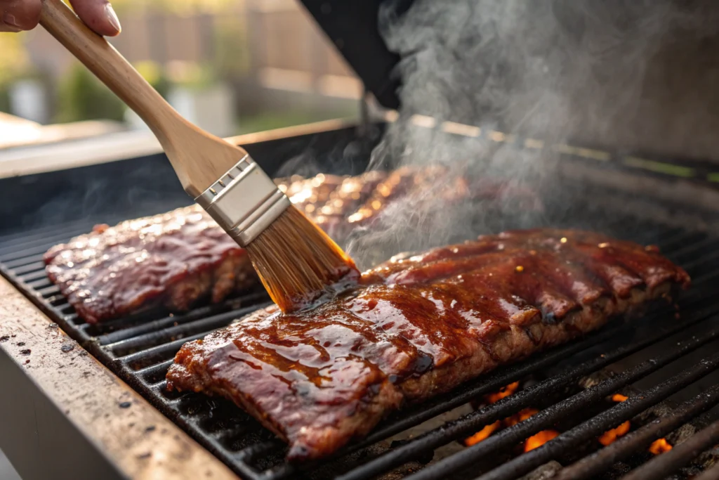 Barbecue ribs brushed with Head Country style BBQ sauce