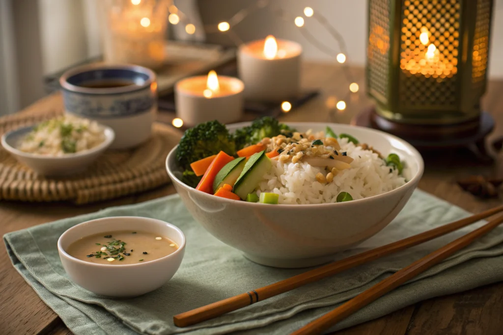 bowl of rice with vegetables and food processor almonds and asian sauce recipe