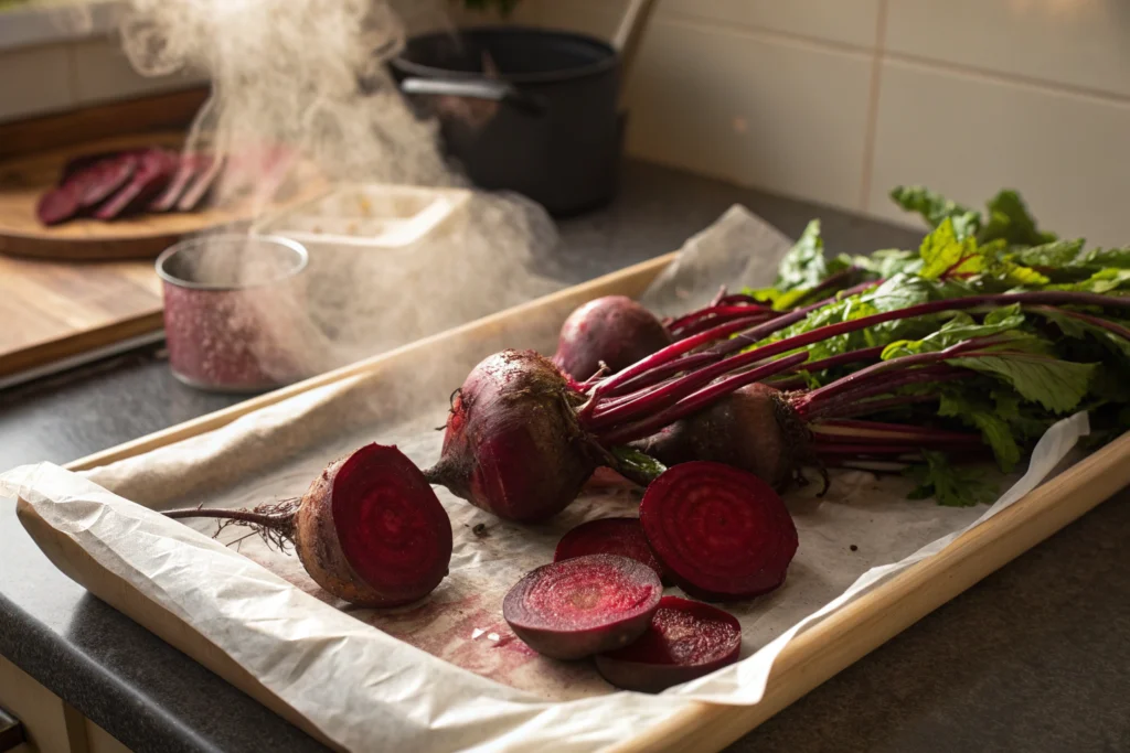 roasted beets cooling before slicing