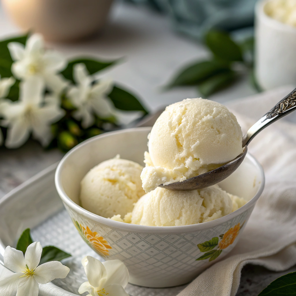 Close-up scoop of sampaguita ice cream with floral aroma