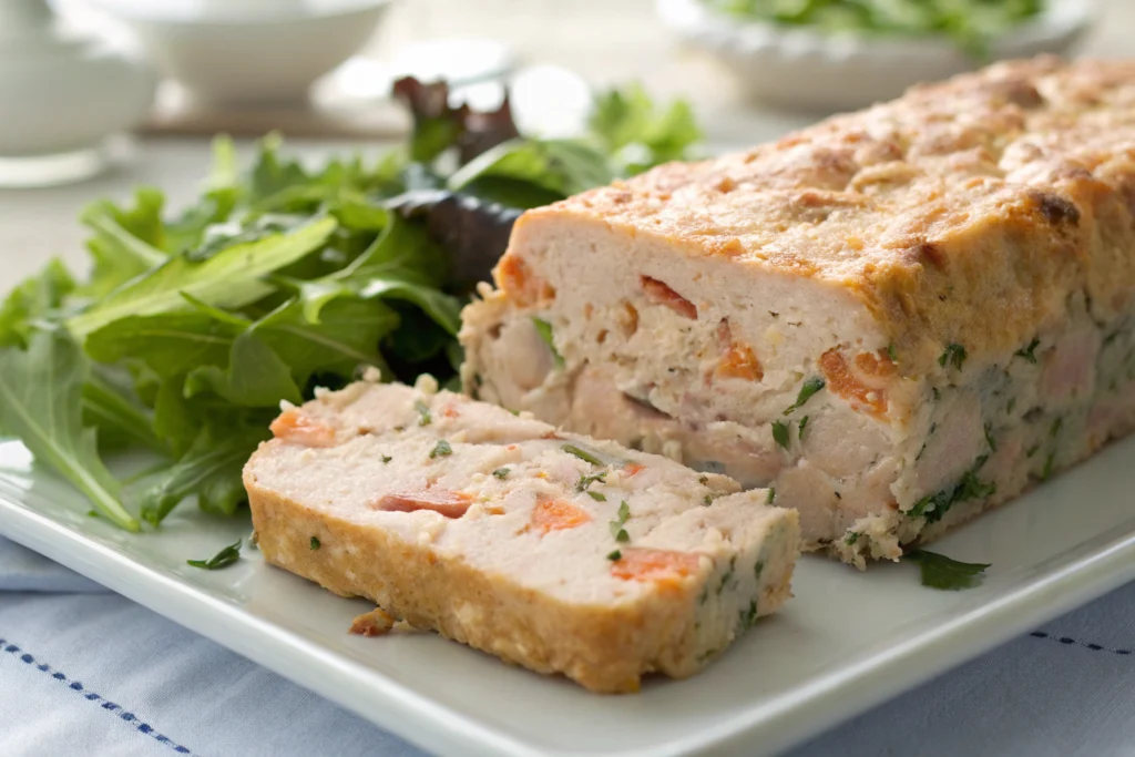 slice of seafood loaf showing tuna and salmon used in same loaf recipe