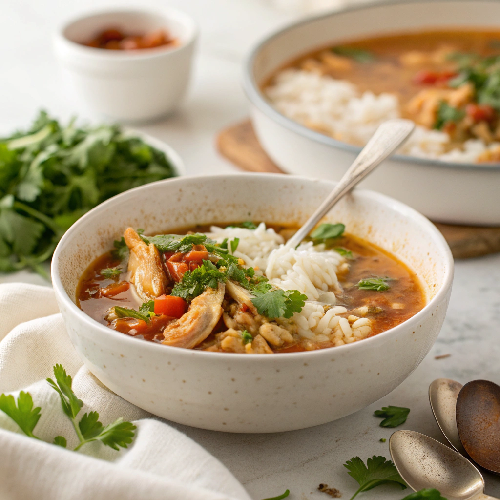 Bowl of Chopt spicy chicken soup with rice and spoon
