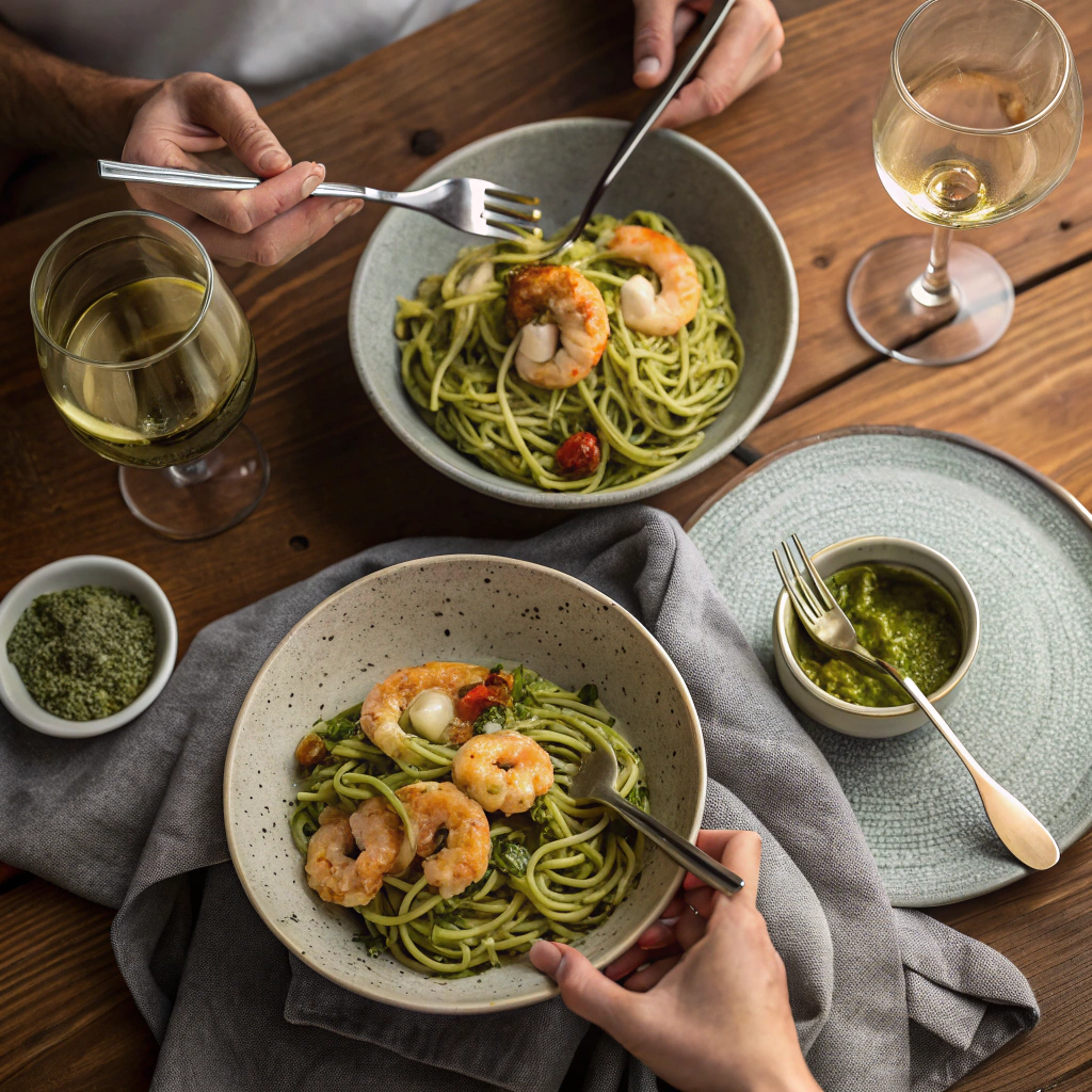 Two bowls of pesto langostino zucchini and pasta recipes being shared at dinner