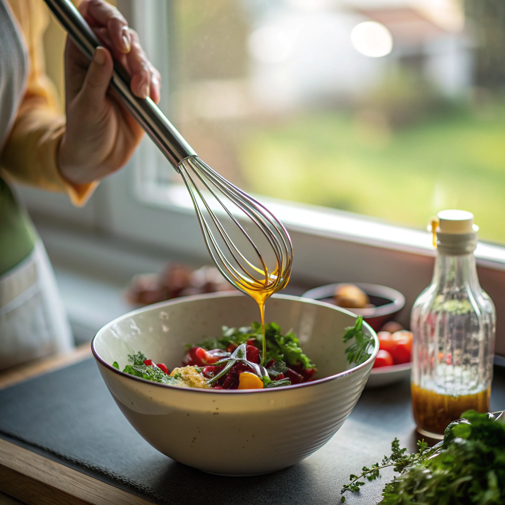whisking beet vinaigrette in glass bowl