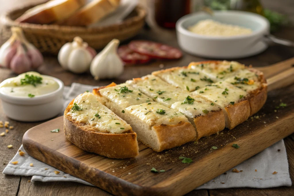 slices of cunetto's garlic cheese bread recipe on serving board with melted mozzarella and provolone