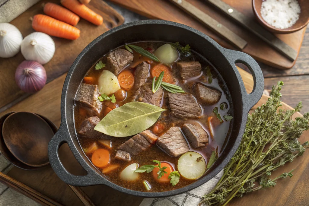 silverside beef recipe braising slowly in pot with vegetables