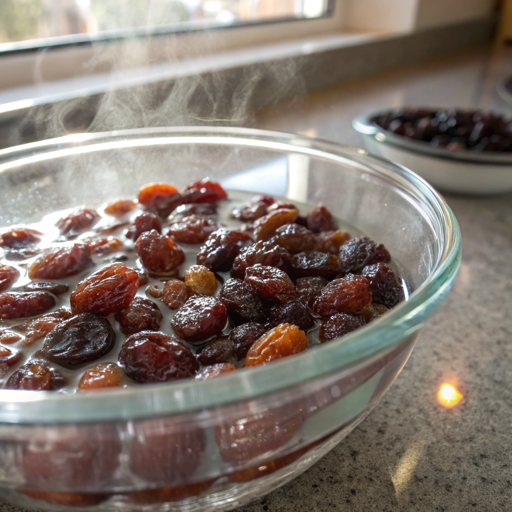 Raisins soaking in bowl of hot water for gaps muffins