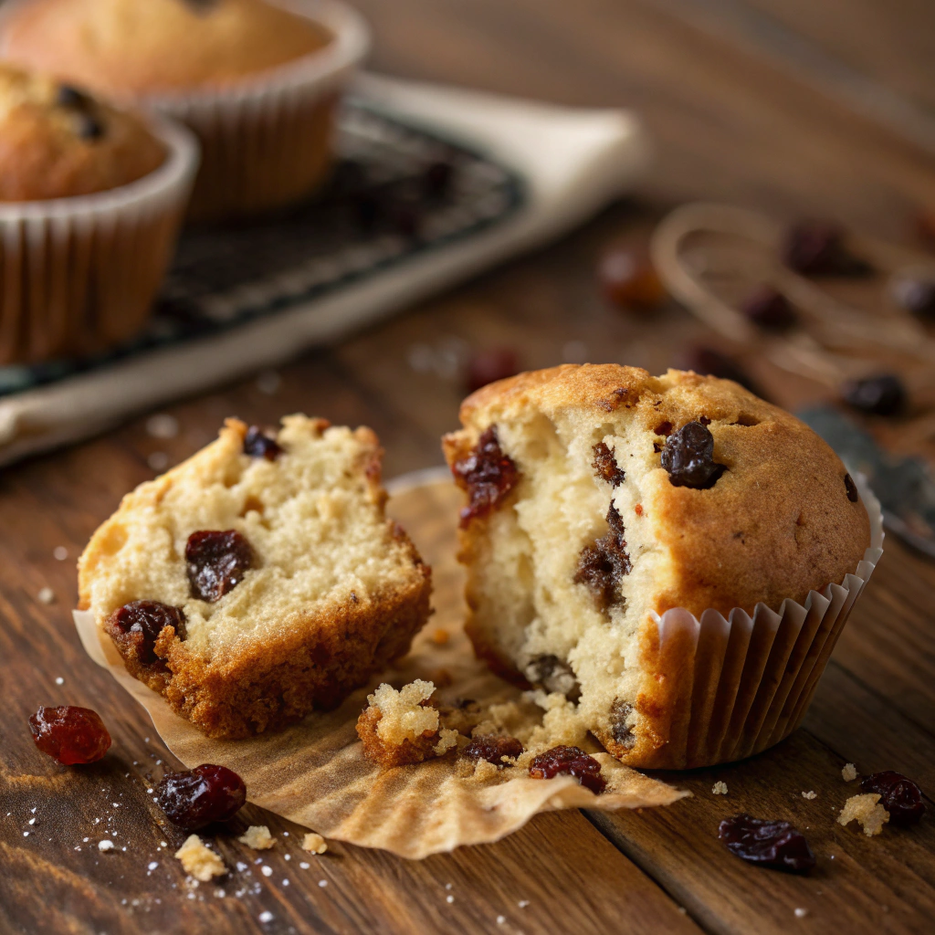 Inside texture of gaps raisin muffin with soft crumb and plump raisins