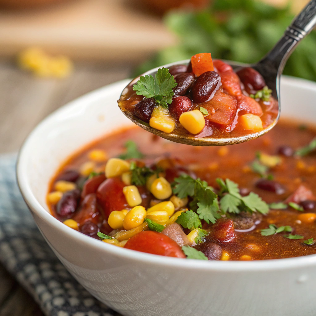 spoon lifting taco soup frios recipe showing beans corn tomatoes and cilantro