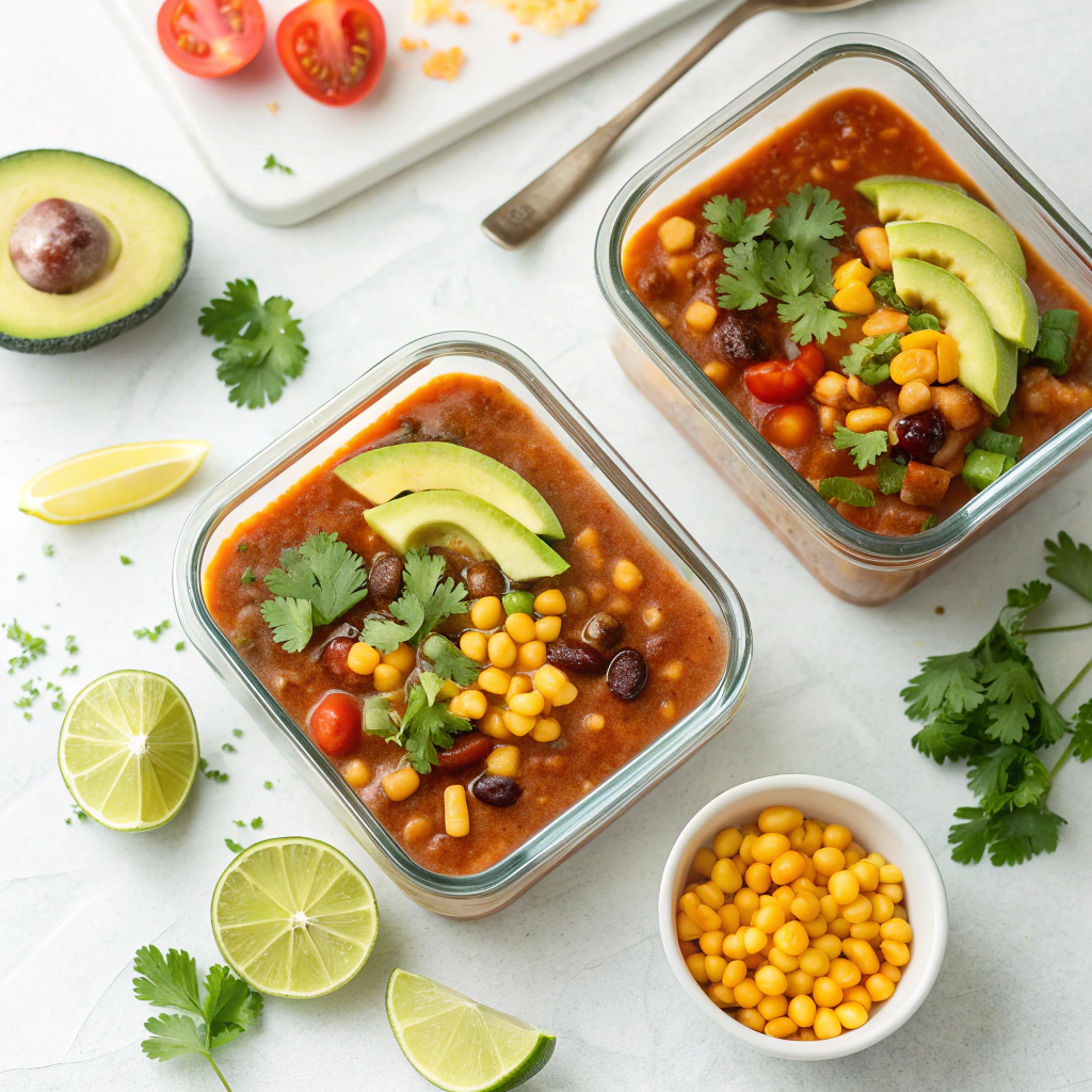 taco soup frios recipe prepared in glass containers for meal prep served cold