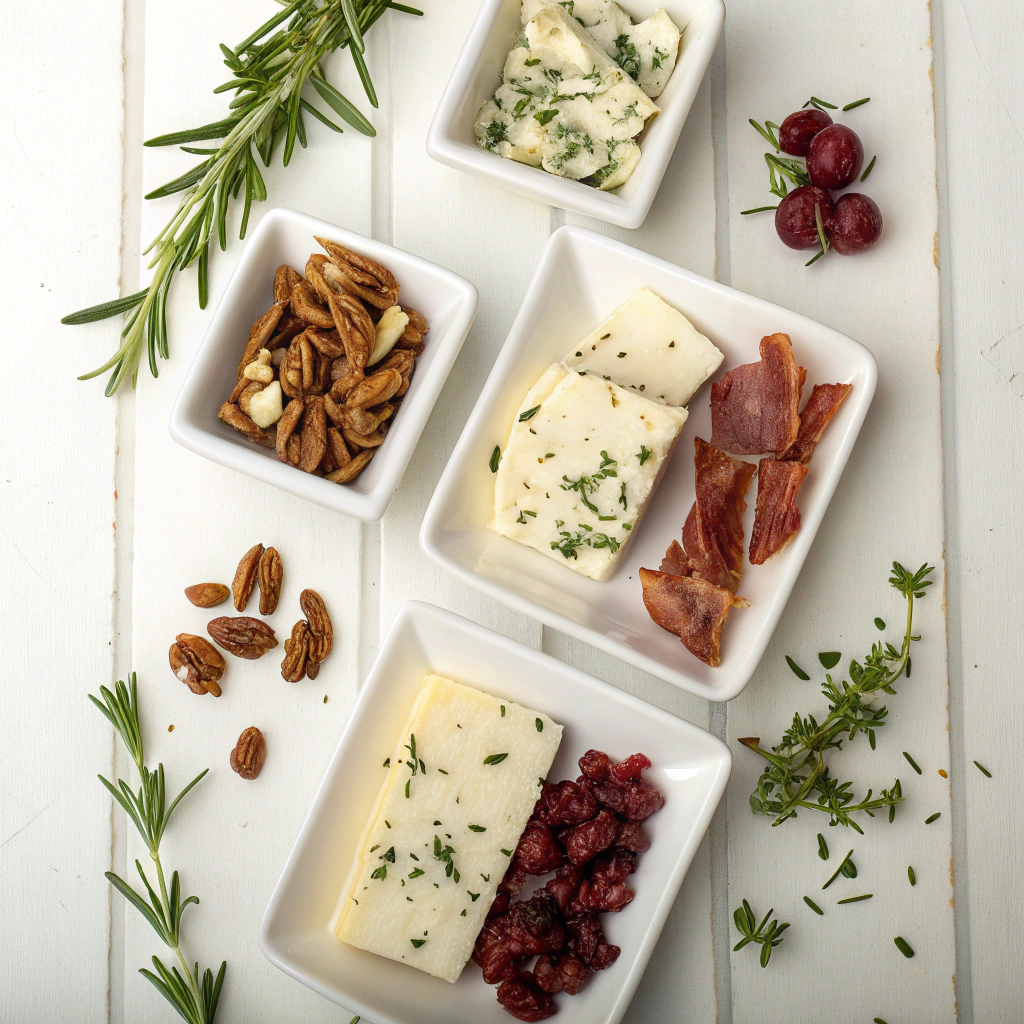 Different variations of Ballard cheese recipe including herb, nut, bacon and cranberry coatings