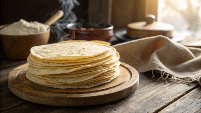 Stack of warm buttery tortillas on a rustic wooden table