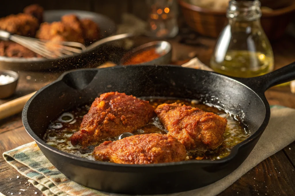 Crispy Nashville chicken frying in cast iron pan