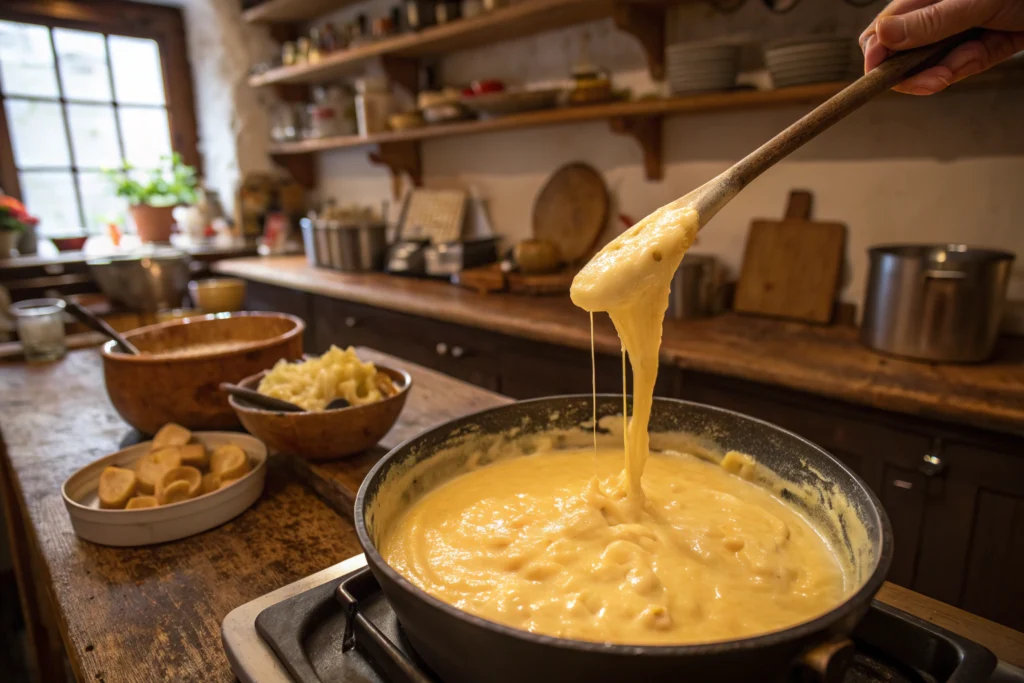 Creamy mac and cheese stirred in a pot with melted cheese