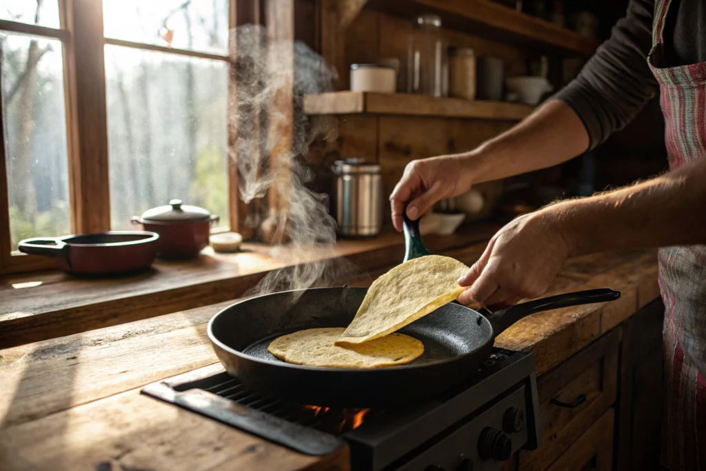 Hands flipping a buttery tortilla on a skillet