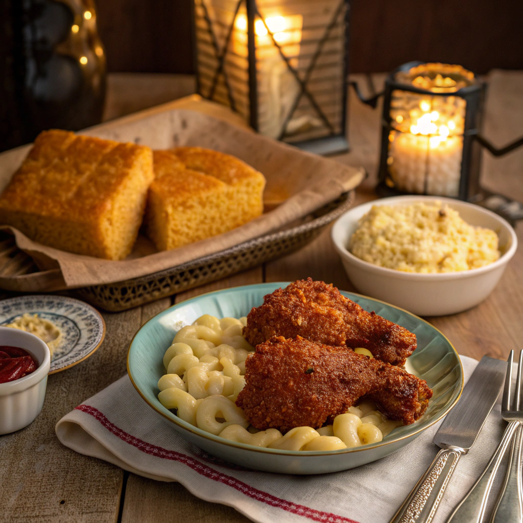 Plate of Nashville chicken and mac n cheese with cornbread