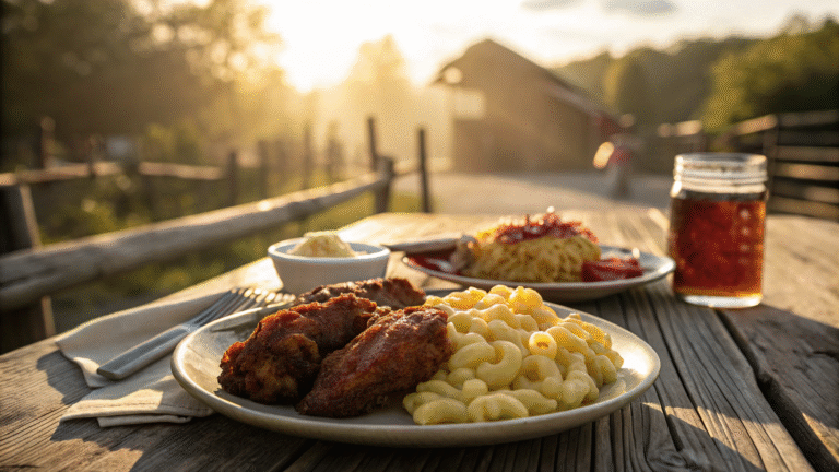 Nashville chicken with creamy mac n cheese served on a rustic table: Nashville Chicken with Mac n Cheese Recipe
