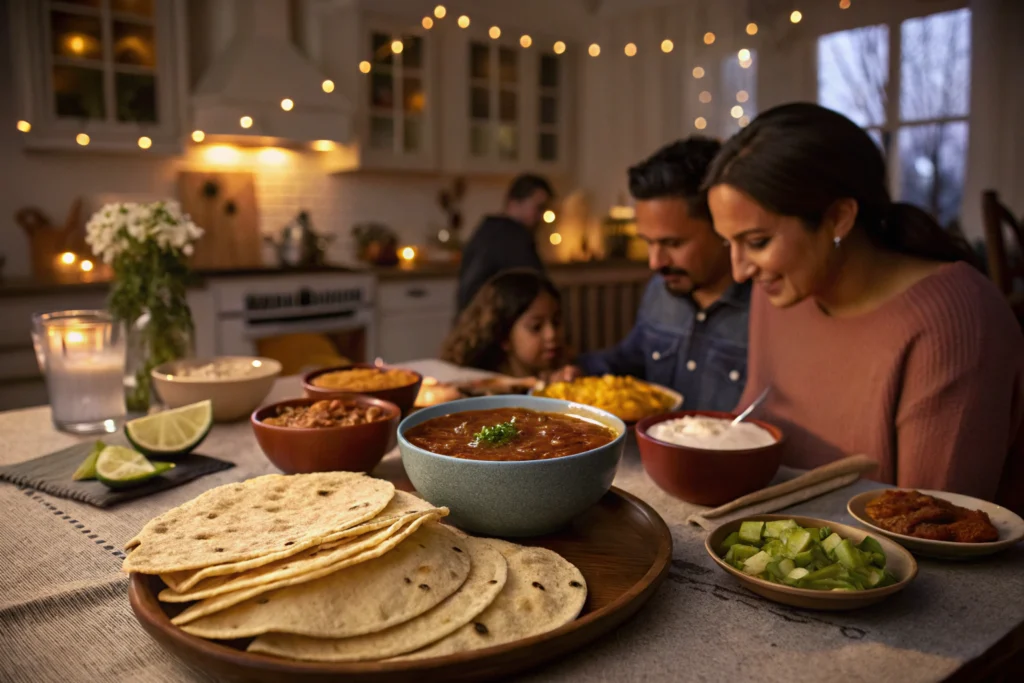 Buttery tortillas served with chili and dips