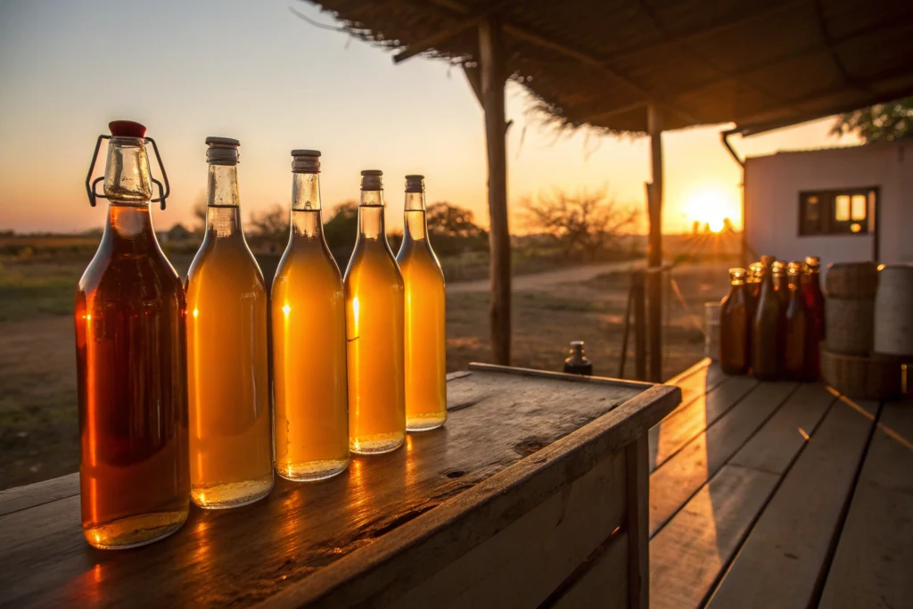 bottled herbal cordial glowing in evening light