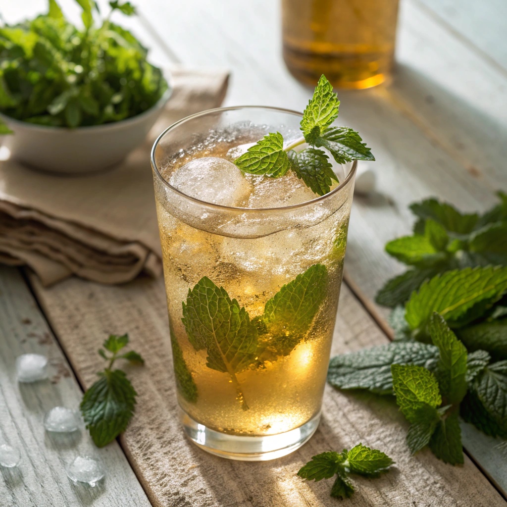 glass of herbal cordial with mint and lemon balm