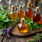 Colorful homemade herbal cordials on a rustic wooden table. Herbal Cordial Recipe