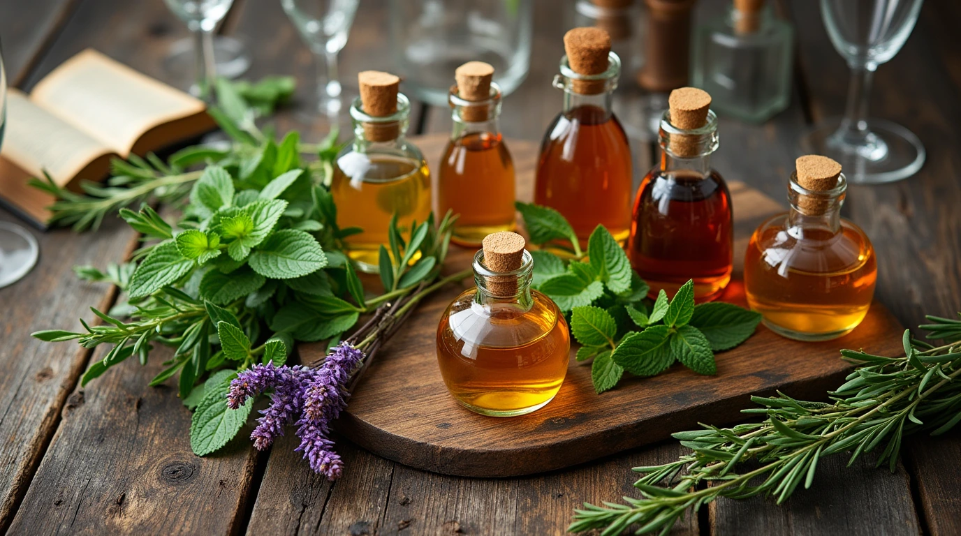 Colorful homemade herbal cordials on a rustic wooden table. Herbal Cordial Recipe