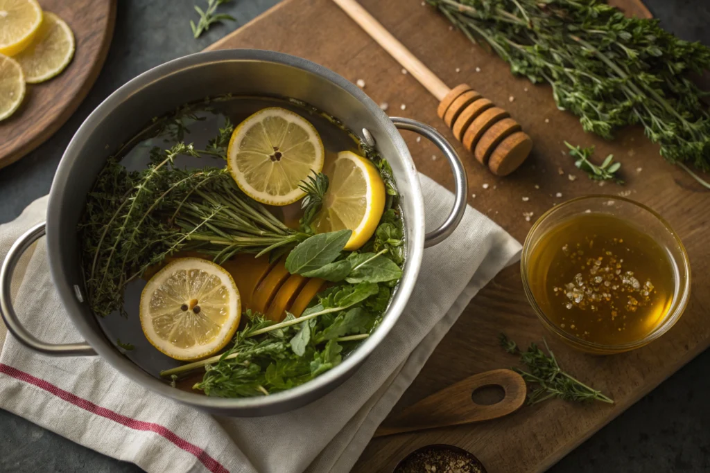 herbs and honey simmering in a small saucepan