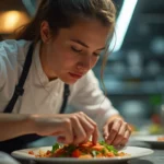 Meg Next Level Chef plating a dish with intense focus