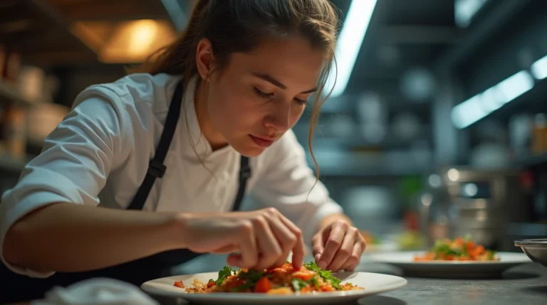 Meg Next Level Chef plating a dish with intense focus
