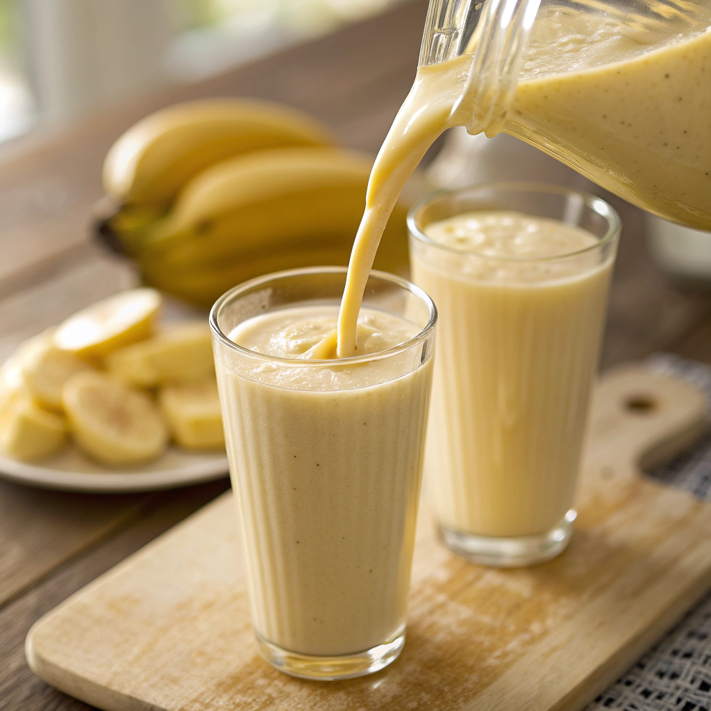 Pouring Banana Bariatric Shake Recipe into glass