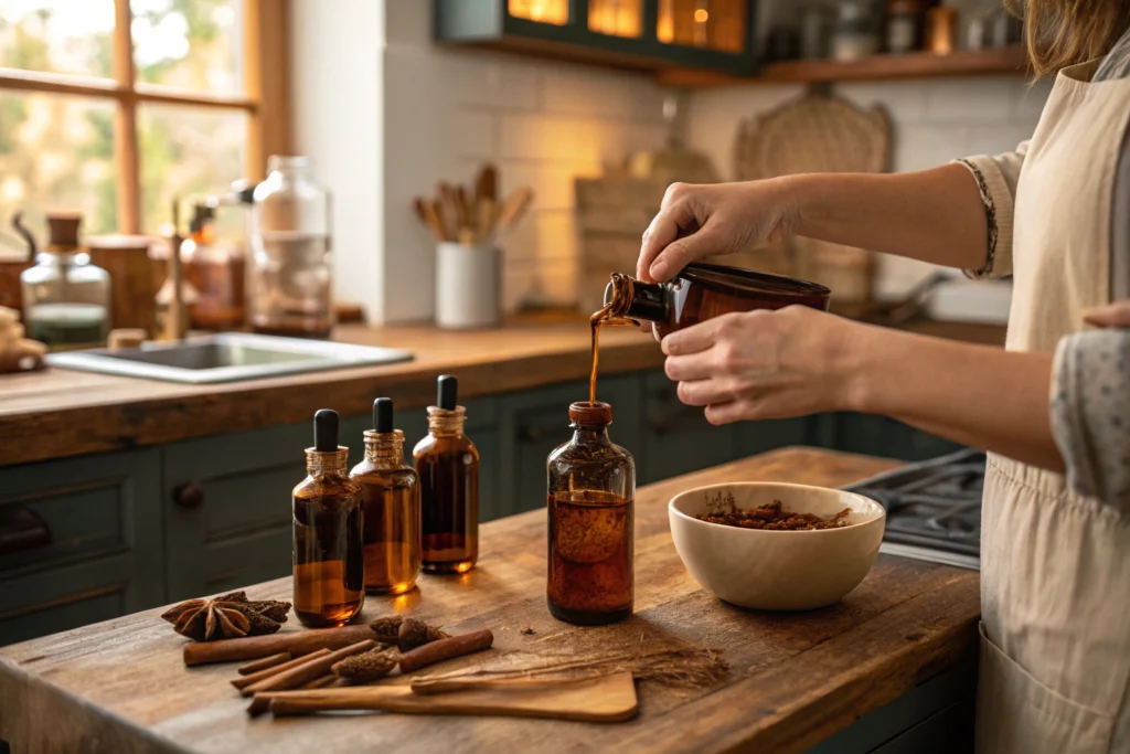 Chef Mia pouring homemade Spiced Vanilla into small bottles