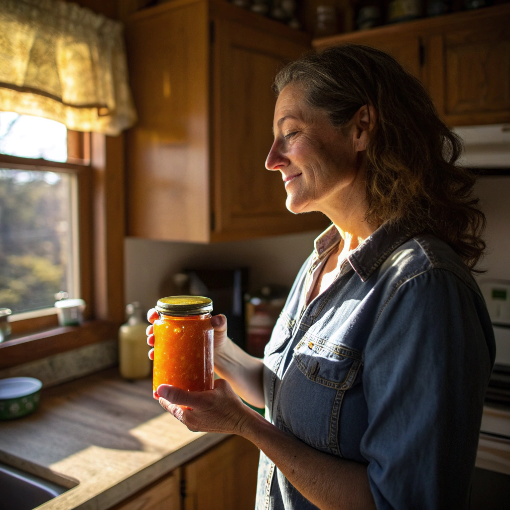 Chef Mia holding a jar of Apricot Pineapple Jam